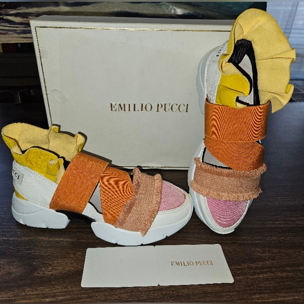 Emilio Pucci City Up Fray Pale Pink Multicolor Womens Sneakers Size US 5 NEW
